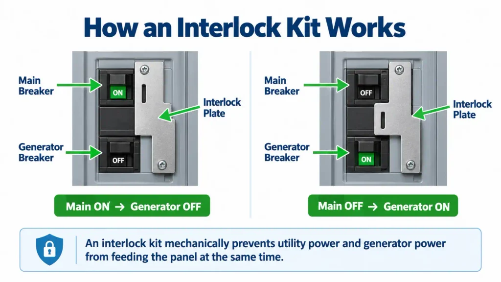 How an interlock kit works, showing the main breaker and generator breaker mechanically prevented from being on at the same time.