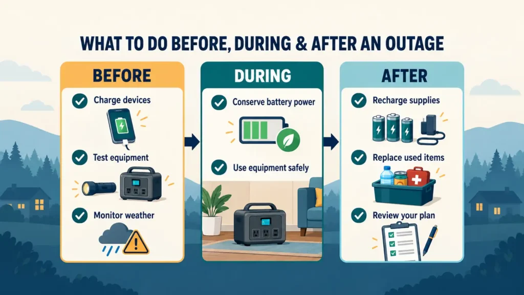 Checklist showing what to do before, during, and after a power outage